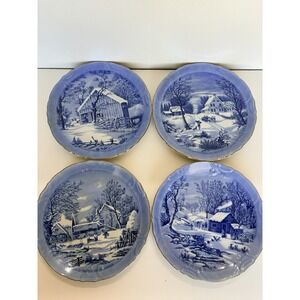 Currier and Ives 4 Plate Set - A Home in the Wilderness, Homestead In Winter